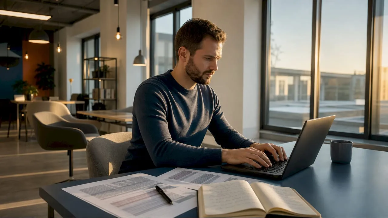 Hände tippen Daten für die Shopify-Migration in einen Laptop ein.