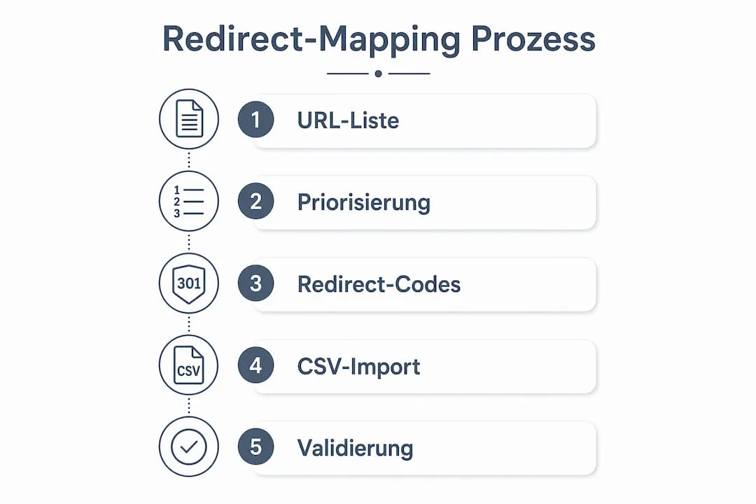 Die Infografik veranschaulicht, wie Weiterleitungen bei einer Shopify-Migration eingerichtet werden.
