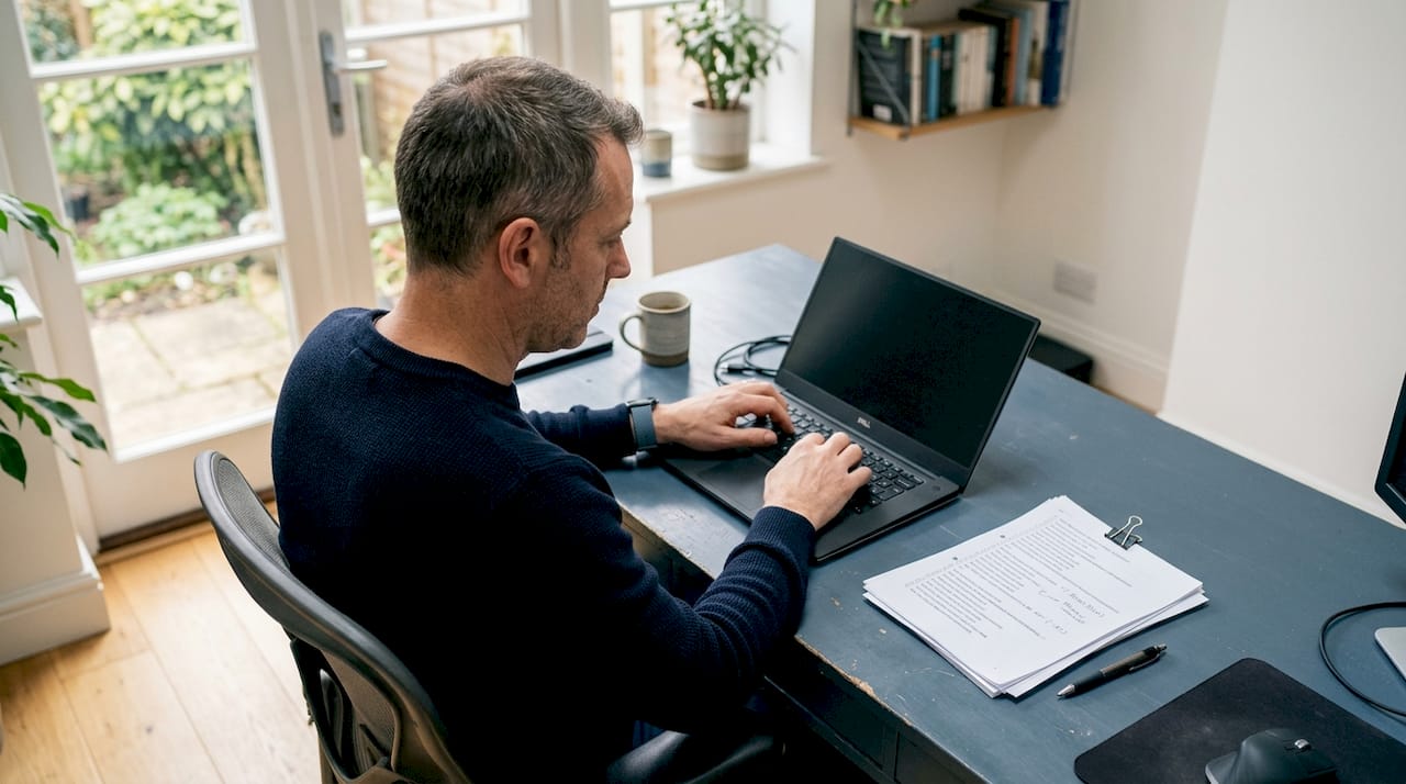 Ein IT-Experte kümmert sich am Laptop um die Übertragung von Inhalten und arbeitet dabei mit Checklisten.